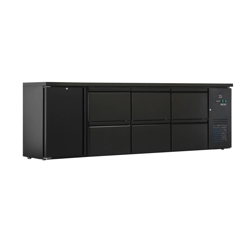 Flaschenkühltisch 600 Liter | Schwarz | 1 Tür + 6 Schubladen | 2545 x 520 x 840 mm