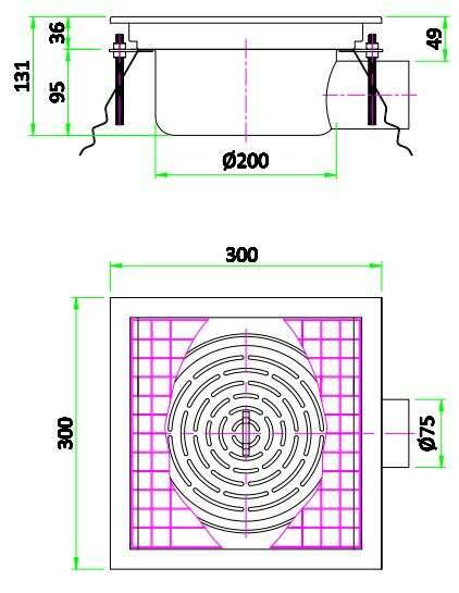 300 Bodenablauf 300 aus Edelstahl, 300 x 300 x 131 mm