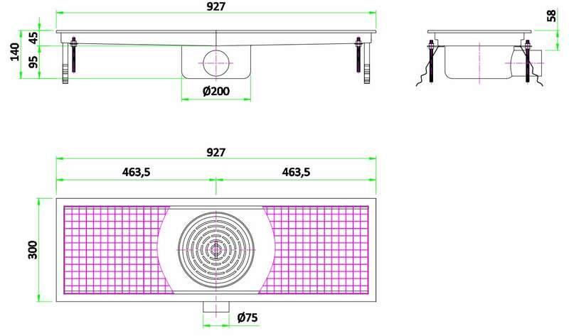 300 Bodenablauf 27 aus Edelstahl, 927 x 300 x 140 mm