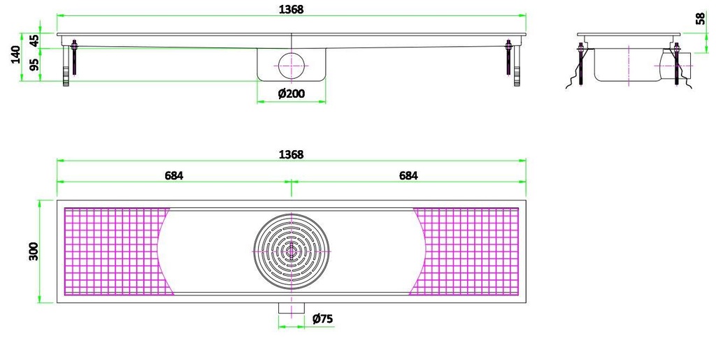 300 Bodenablauf 1368 aus Edelstahl, 1368 x 300 x 140 mm