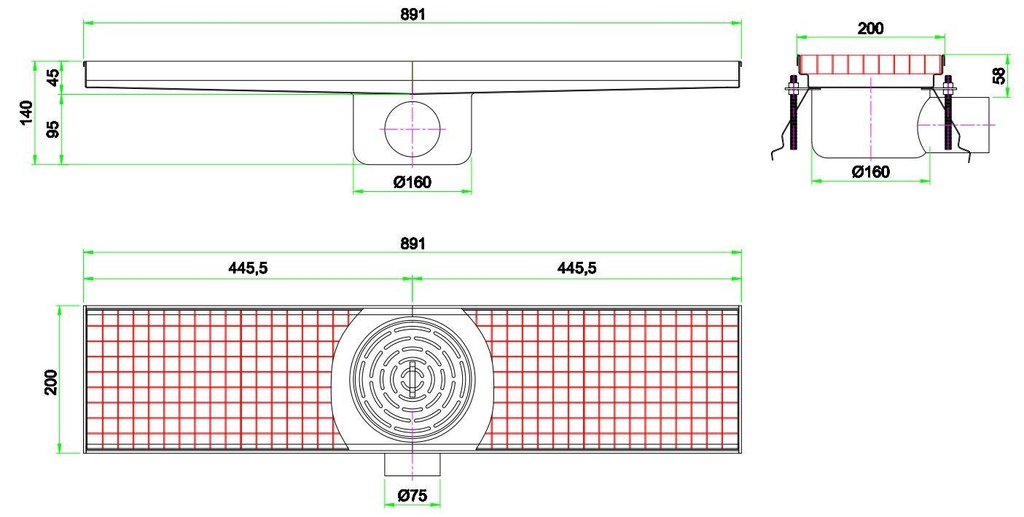200 Bodenablauf 891 aus Edelstahl, 891 x 200 x 140 mm