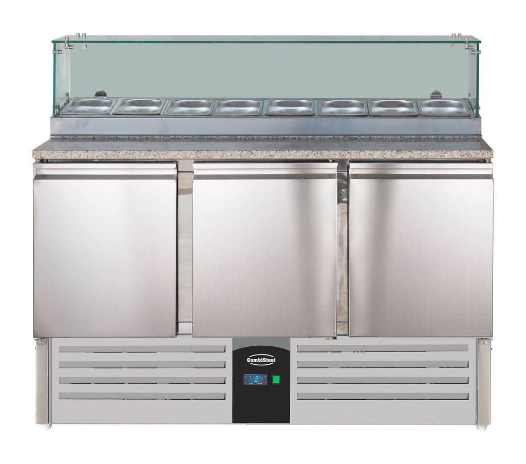 Pizzatisch mit Glas aus Edelstahl, 1368 x 700 x 1180 mm