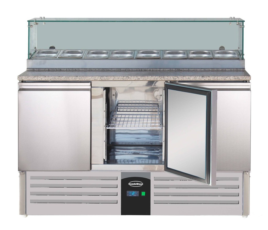 Pizzatisch mit Glas aus Edelstahl, 1368 x 700 x 1180 mm