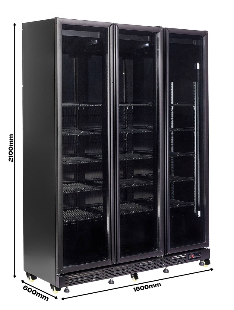 Kühlschrank 3 Glastüren, 1600 x 600 x 2100 mm, schwarz