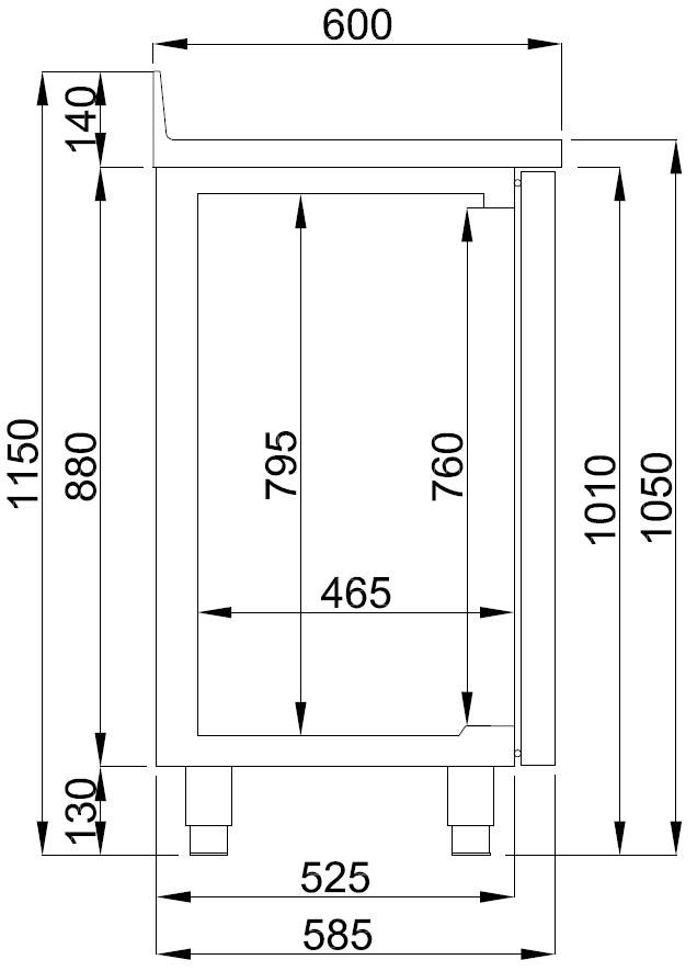 600 Kühltisch 3 aus Edelstahl, 2135 x 600 x 1050 mm