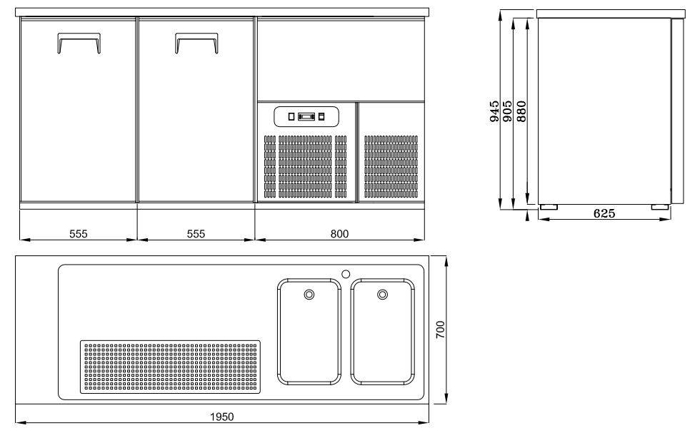 Biertheke 2 Türen 2R aus Edelstahl, 1950 x 700 x 950 mm