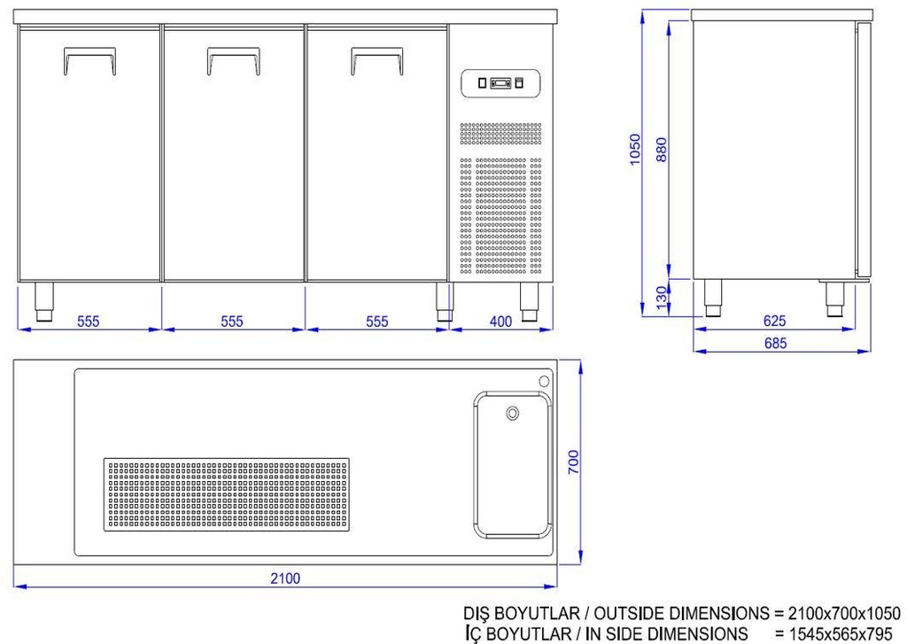 Biertheke 3 Türen 1R aus Edelstahl, 2100 x 700 x 950 mm