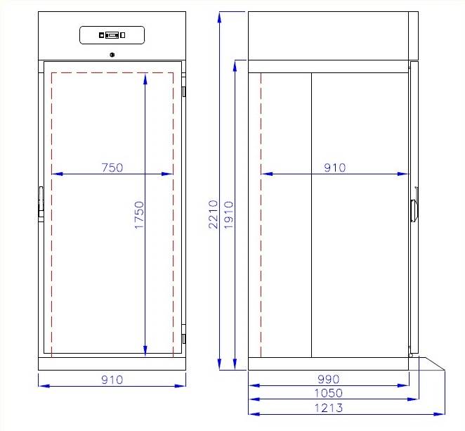 Roll-In Kühlschrank aus Edelstahl, 700 L, 910 x 1210 x 2210 mm