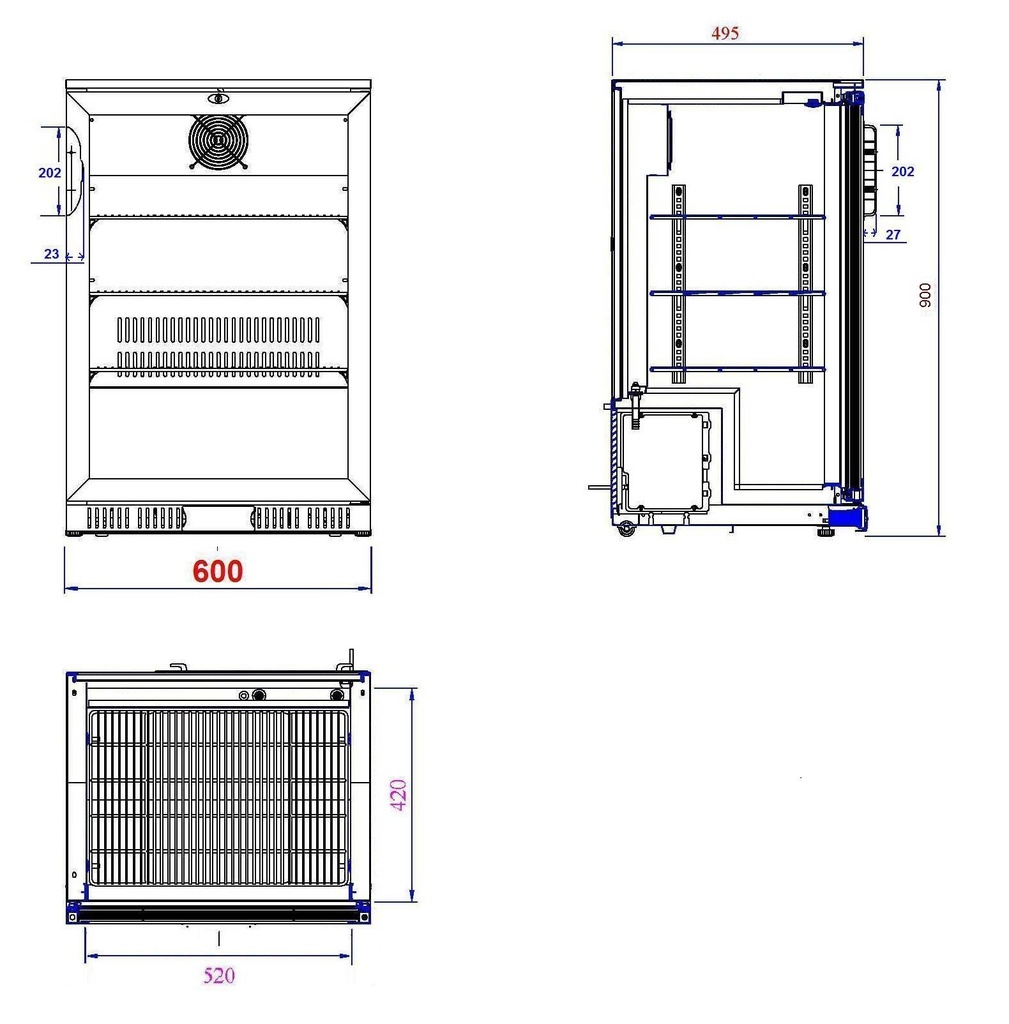 Barkühler 1 Tür, 600 x 520 x 900 mm, 138 L, schwarz