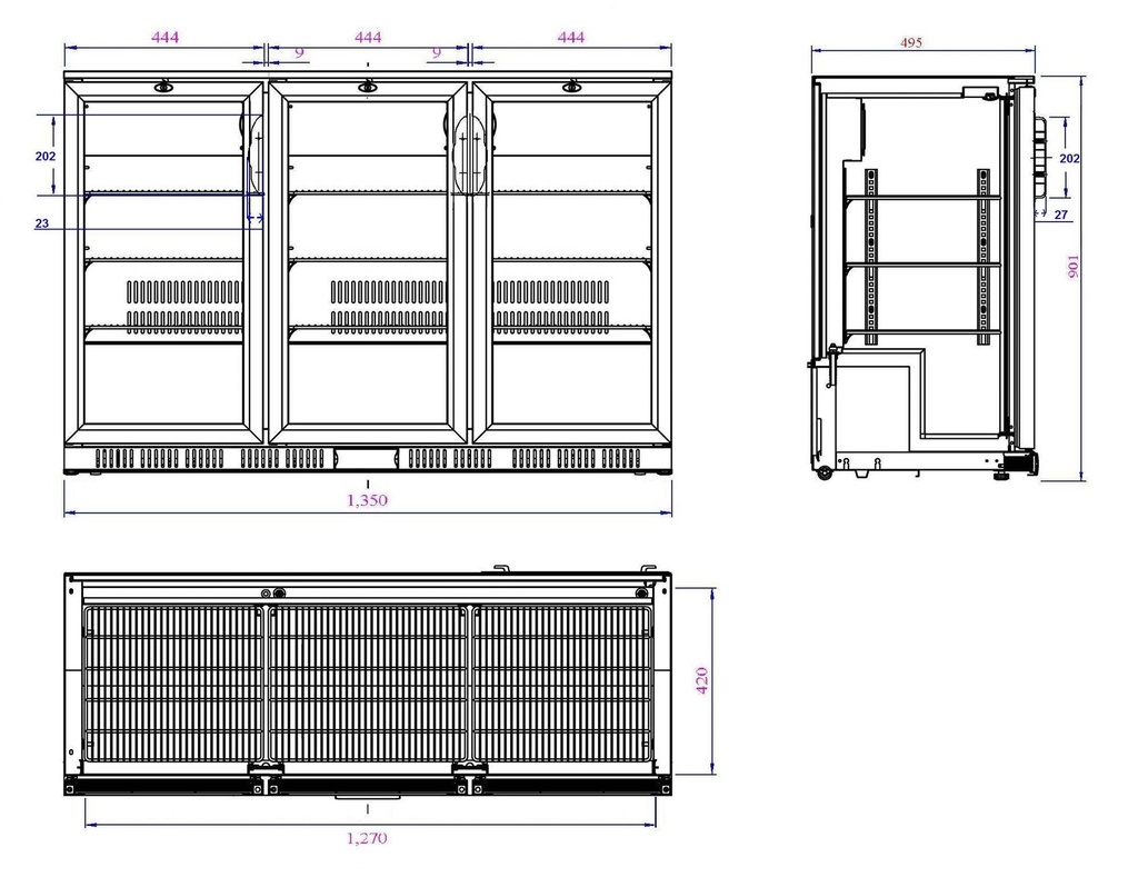 Barkühler 3 Türen, 1350 x 520 x 900 mm, 330 L, schwarz