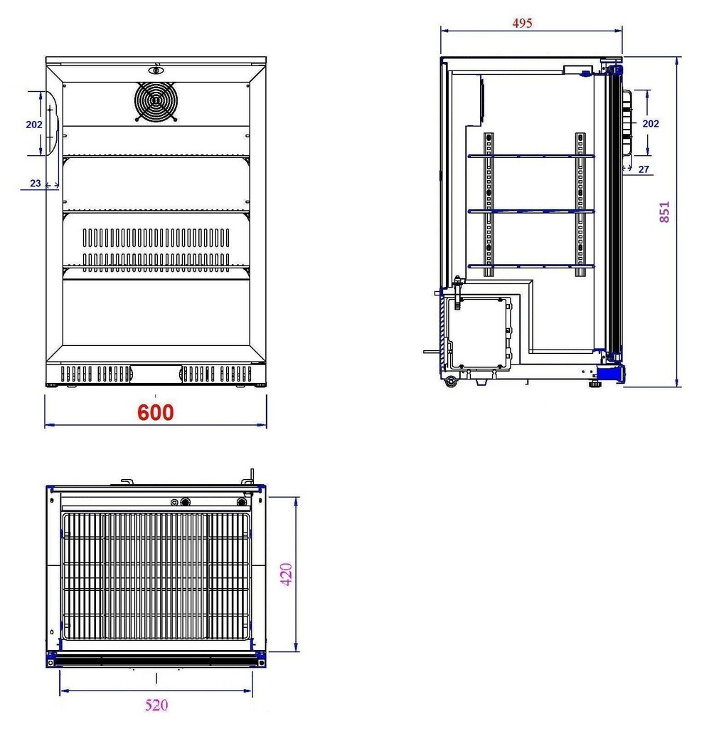 Barkühler 1 Tür, 600 x 520 x 850 mm, 128 L, schwarz
