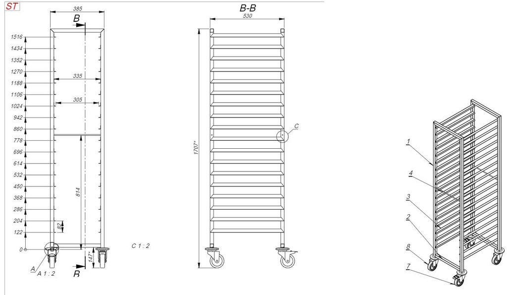 Abräumwagen GN 1/1 18X, 385 x 530 x 1800 mm