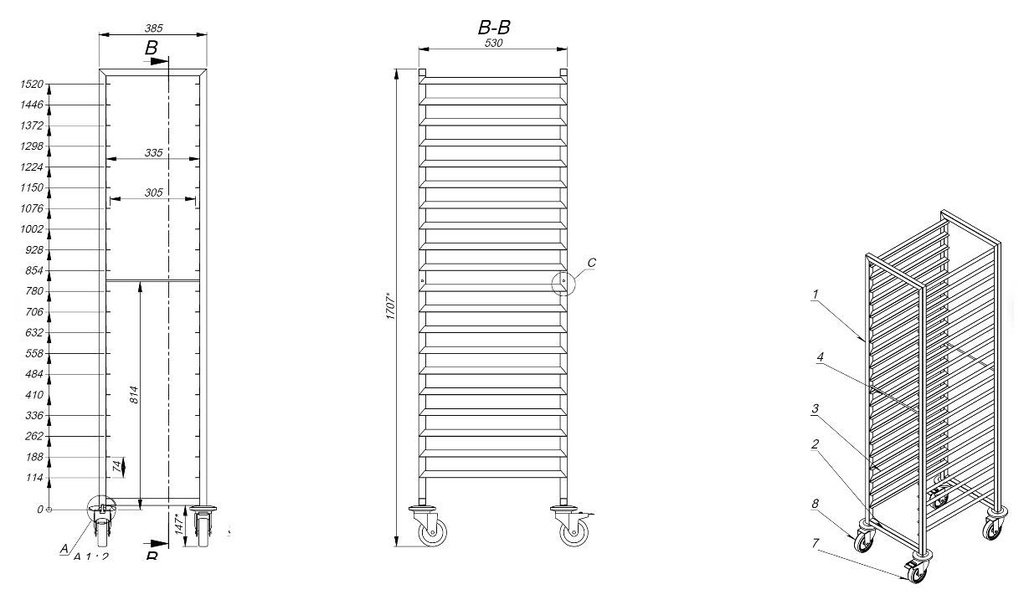 Abräumwagen GN 1/1 20X, 385 x 530 x 1800 mm