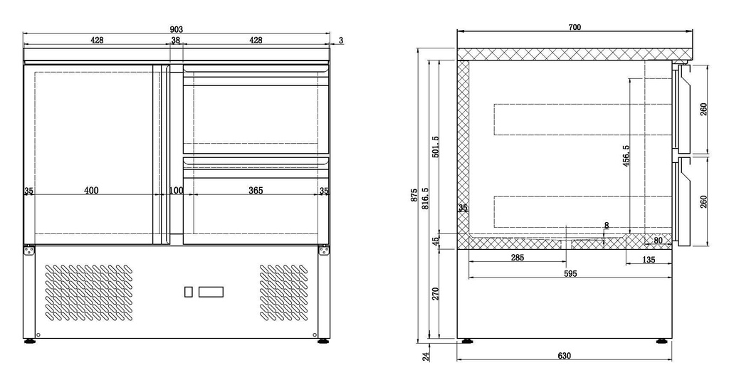 Kühltisch 1 TÜR/2 aus Edelstahl, 900 x 700 x 875 mm
