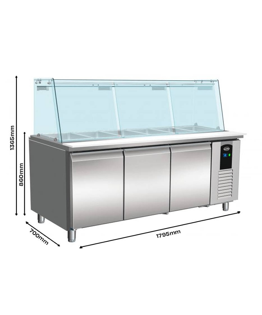 Kühltisch mit Glas 3 aus Edelstahl, 5 x 1/1 GN, 1795 x 700 x 1365 mm