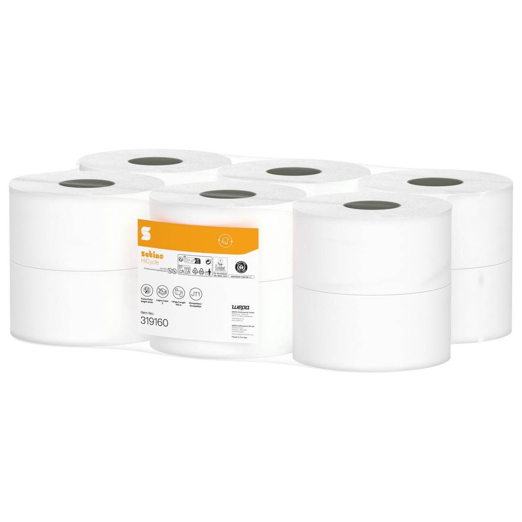 Toilettenpapier Großrolle 3-lagig, hochweiß, 120 m, Waffel-Prägung, 480 Blatt/Rolle | 12 Rollen/Sack