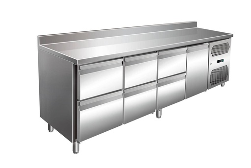 VIP Kühltisch mit 3x 2 Schubladen und 1 Tür und Aufkantung -2 bis +8°C 2.230x600x960 mm