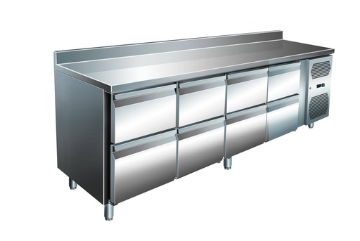 VIP Kühltisch mit 4x 2 Schubladen und Aufkantung -2 bis +8°C 2.230x700x960 mm