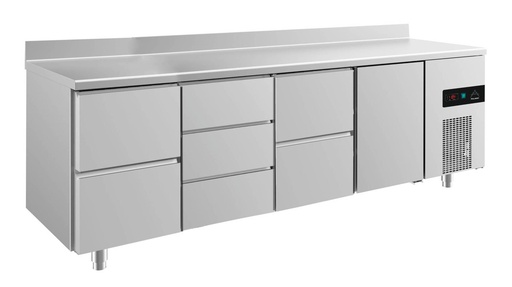 Kühltisch -2 bis +8°C 2330x700x850mm mit 1x Tür, 2x zwei Schubladen und 1x 3 Schubladen u. Aufkantung