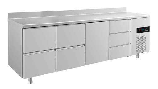 Kühltisch -2 bis +8°C 2330x700x850mm mit 1x Tür, 2x zwei Schubladen und 1x 3 Schubladen u. Aufkantung