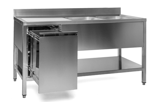 Spültisch mit Abfallbehälter, 2 Becken rechts, Bautiefe 600 mm | 200x600x850 mm