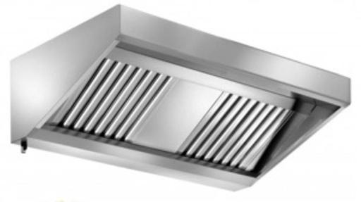 Wandhaube Edelstahl, umlaufende Fettauffangrinne,  herausnehmbare Flammschutzfilter Typ-B, Beleuchtung mit Leuchtstoffröhre, Fettablassventil