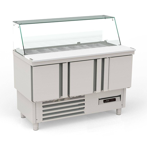 TOPLINE Saladette / 3-fach mit Türen, Glasaufsatz schräg, GN 1/6 & 1/9, 1375 x 700 mm