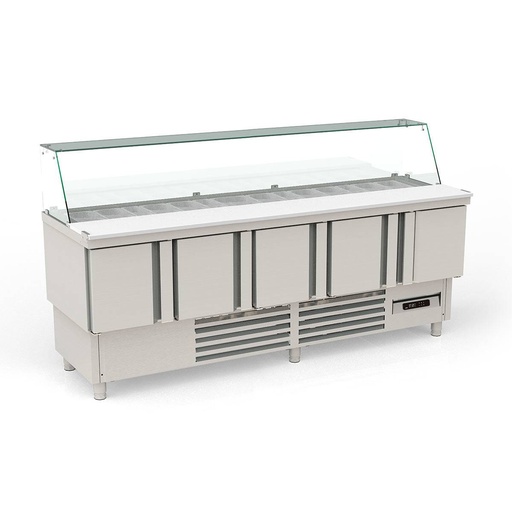 TOPLINE Saladette / 5-fach mit Türen, Glasaufsatz schräg, GN 1/6 & 1/9, 2275 x 700 mm