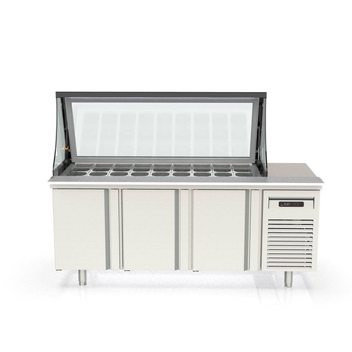 TOPLINE Zubereitungstisch / 3-fach mit Türen, Glasklappdeckel, GN 1/6, EN 60x40, 2020 x 800 mm