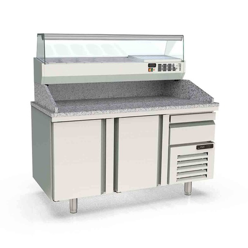 TOPLINE Pizzatisch / 2-fach mit Türen, EN 60x40, Schublade, Granitplatte grau, inkl. Kühlaufsatz, GN 1/4, 1565 x 800 mm