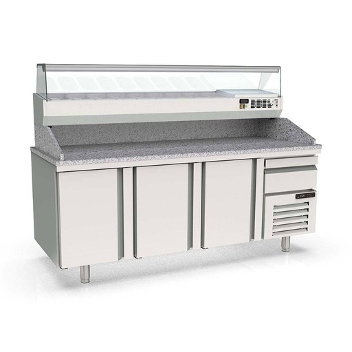 TOPLINE Pizzatisch / 3-fach mit Türen, EN 60x40, Schublade, Granitplatte grau, inkl. Kühlaufsatz, GN 1/4, 2090 x 800 mm