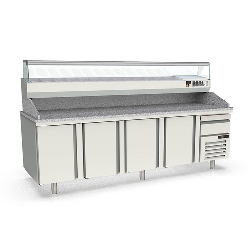 TOPLINE Pizzatisch / 4-fach mit Türen, EN 60x40, Schublade, Granitplatte grau, inkl. Kühlaufsatz, GN 1/4, 2615 x 800 mm