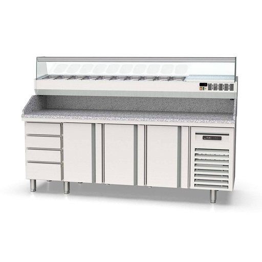 TOPLINE Pizzatisch / 4-fach mit 3 Türen, Schubladenblock, Granitplatte grau, inkl. Kühlaufsatz, GN 1/4, 2245 x 700 mm