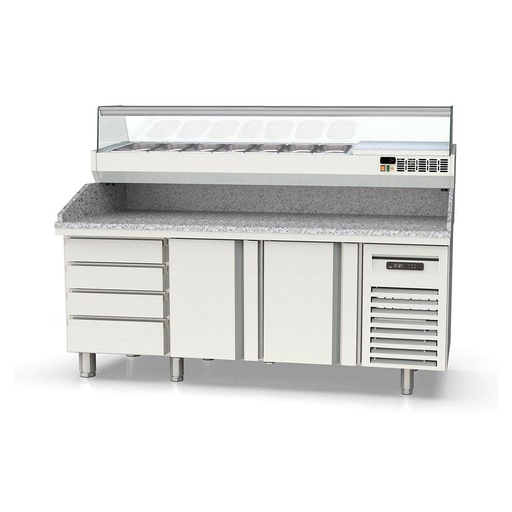 TOPLINE Pizzatisch / 3-fach mit 2 Türen, EN 60x40, Schubladenblock, Granitplatte grau, inkl. Kühlaufsatz, GN 1/4, 2020 x 800 mm