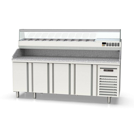 TOPLINE Pizzatisch / 4-fach mit Türen, Granitplatte grau, inkl. Kühlaufsatz, GN 1/4, 2245 x 700 mm