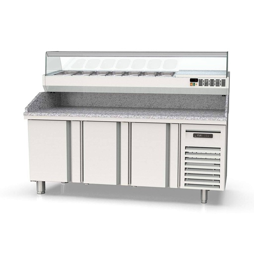 TOPLINE Pizzatisch / 3-fach mit Türen, EN 60x40, Granitplatte grau, inkl. Kühlaufsatz, GN 1/4, 2020 x 800 mm