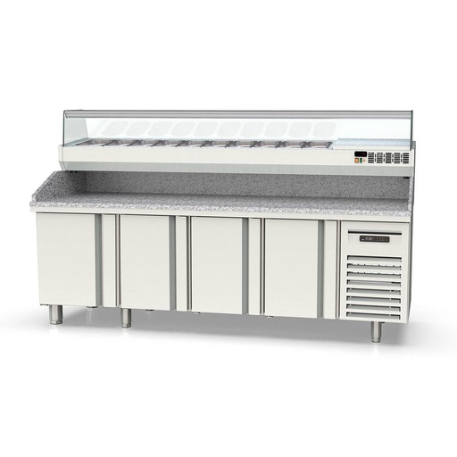 TOPLINE Pizzatisch / 4-fach mit Türen, EN 60x40, Granitplatte grau, inkl. Kühlaufsatz, GN 1/4, 2545 x 800 mm