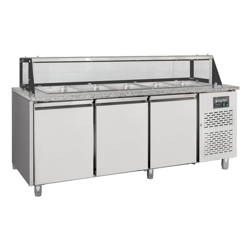 Salattheke / 3-fach mit Türen, Glasaufbau, für 5x GN 1/1 "grau", 2000 x 800 mm