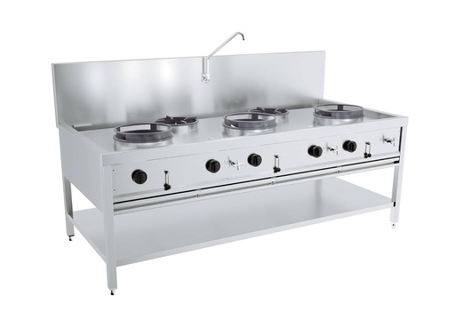 Gas Woktisch + aus Edelstahl, 3 x 17 kW, 2 x 9 kW, 2000 x 900 x 750 mm