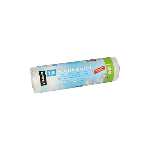 15 Müllbeutel mit Tragegriffen, HDPE 60 L 75 cm x 65 cm transparent