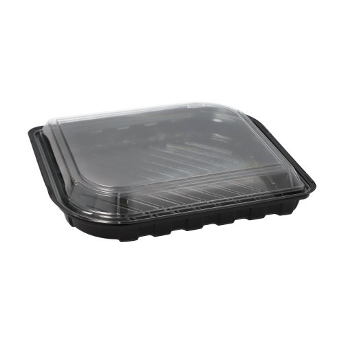 50 Sushi-Schalen R-PET rechteckig 21 cm x 18 cm x 4,3 cm schwarz mit transparentem Deckel