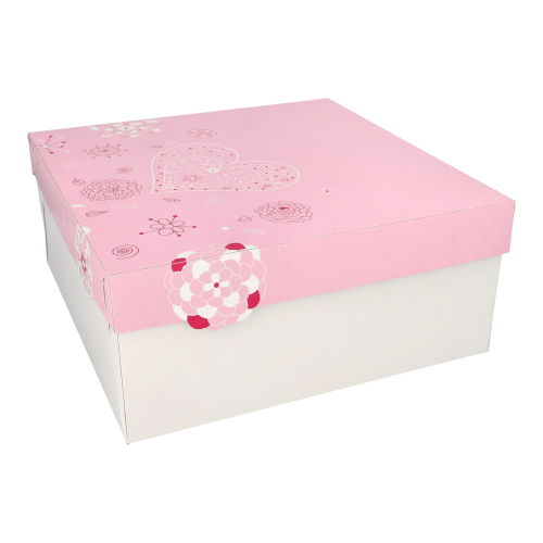 4 x 15 Tortenkartons, mit Deckel, Pappe eckig 30 cm x 30 cm x 13 cm weiss/rosa "Lovely Flowers"