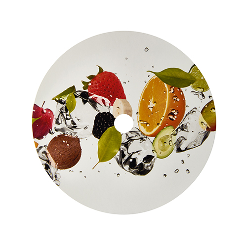 100 Abdeckungen für Becher, Pappe rund Ø 10 cm "Fruits" mit Lochung