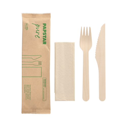 50 Besteckset, Holz "pure" : Messer, Gabel, Serviette in Papierbeutel