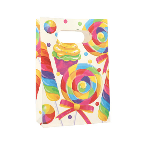 10 Partytüten, Papier 21 cm x 14 cm x 6 cm farbig "Candies" mit Griff