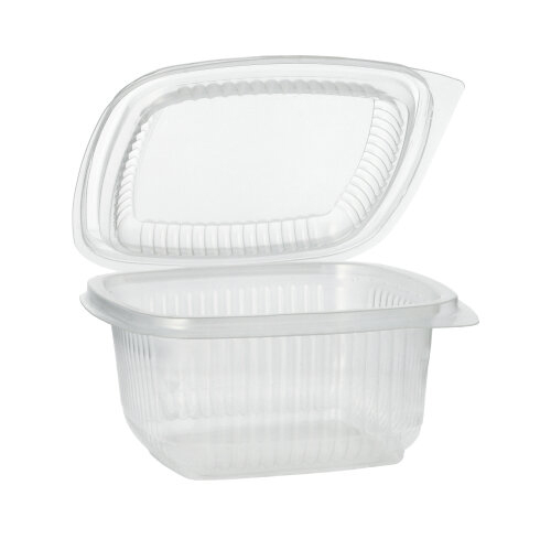9 x 100 Verpackungsbecher mit Klappdeckeln, PP rechteckig 500 ml 6,3 cm x 12,5 cm x 13,1 cm transparent