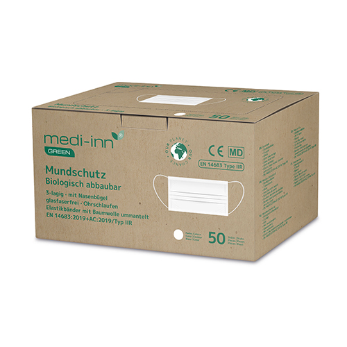 10 x 50 "Medi-Inn GREEN" Mundschutz Type IIR 3-lagig 9,5 cm x 17,5 cm weiss 3-lagig, biologisch abbaubar