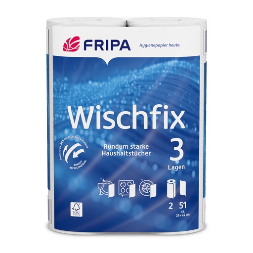 2 Rollen Küchenrollen 3-lagig 26 cm x 23,8 cm weiss "Wischfix" 51 Blatt