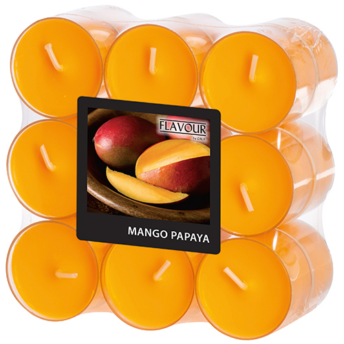 18 "GALA" Duftlichte Ø 38 mm · 24 mm pfirsich - Mango-Papaya in Polycarbonathülle