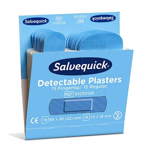 10 x 6 Set "Cederroth" Salvequick Detectable Pflaster (2 x 15 Stück) blau Fingertip & Standard, Refill